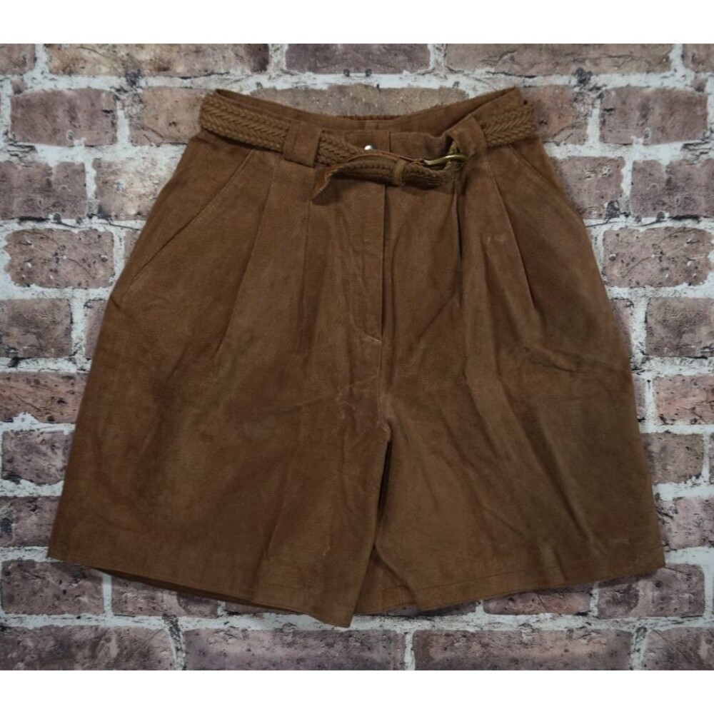 VTG 80s 90s Forenza Womens 8 Leather Shorts High Rise Pleated Belted Brown Boho